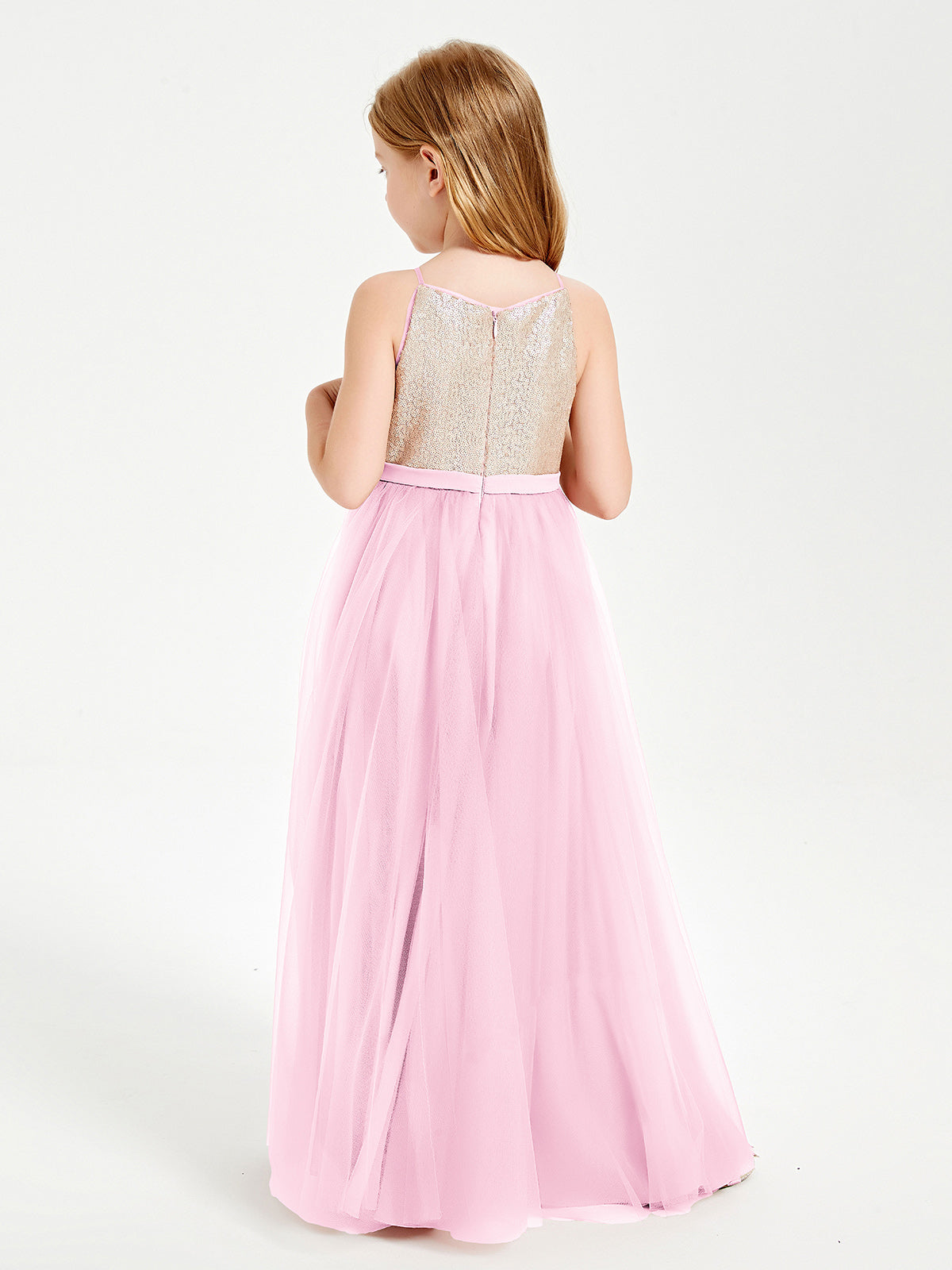 Sequined Top Long Tulle Junior Bridesmaid Gown Candy Pink